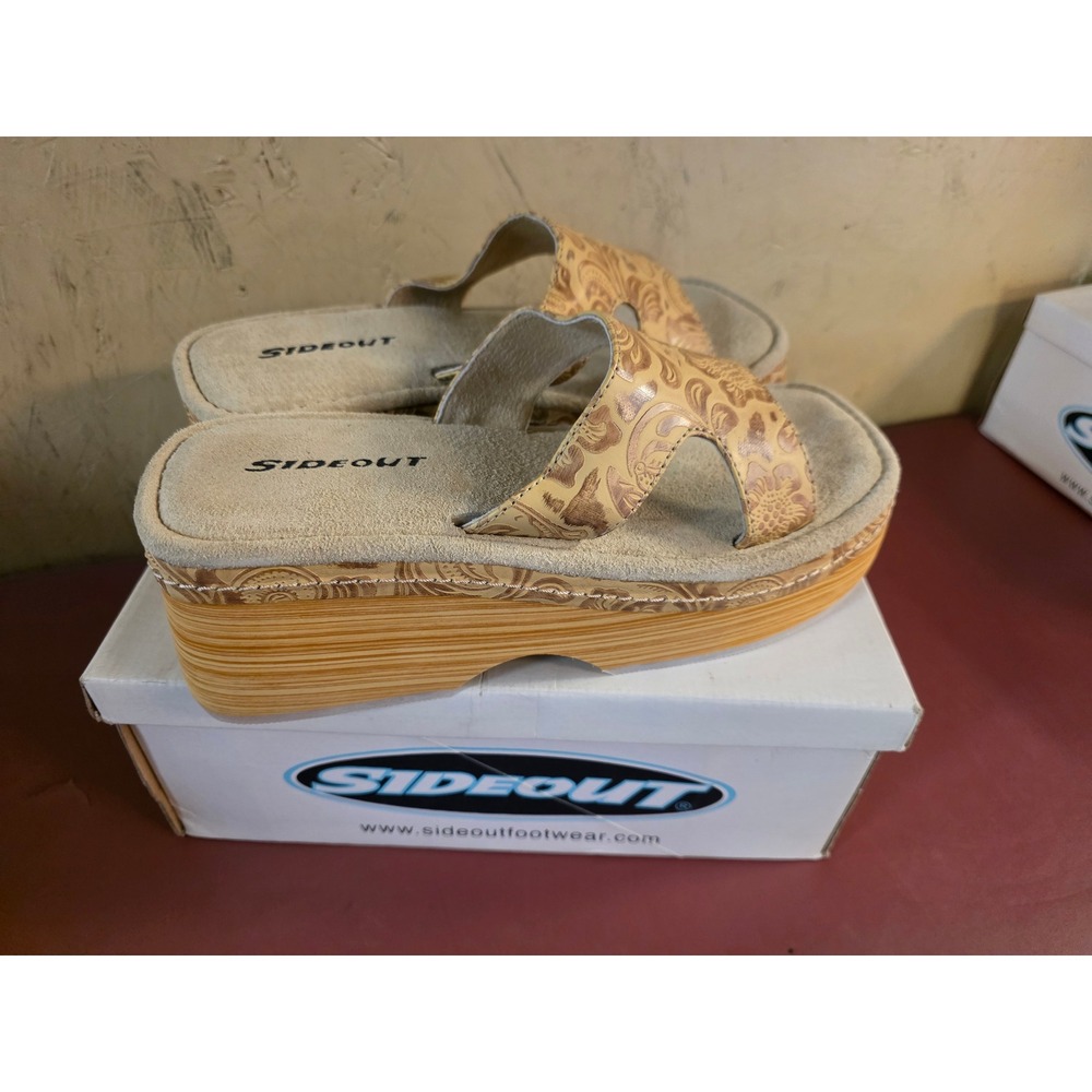 Sideout Betty Natural Floral Embossed Platform Wedge Slide Sandals Womens 10